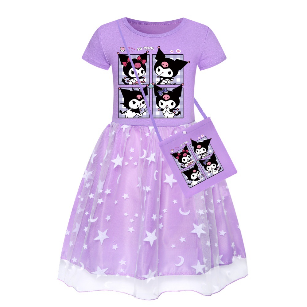 Kid girls Kuromi short sleeve dresses summer crewneck princess dress lightweight tulle dress with bag